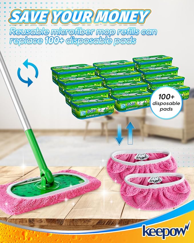 KEEPOW 4 Pack Reusable Mop Pads Compatible with Swiffer Sweeper, Microfiber Washable Swiffer Mop Pads, Dry & Wet Sweeping Mopping Cloths (Pink)