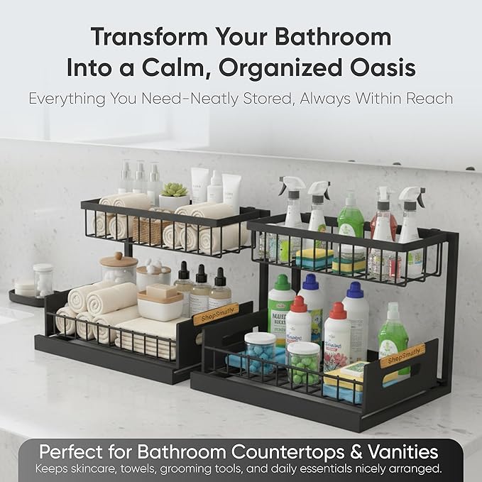 Under Sink Organizer 2-Pack, Metal Under Sink Organizer for Kitchen & Bathroom, Multi-Use Under Sink Storage Rack for Cleaning Supplies and Bathroom Essentials (Black)