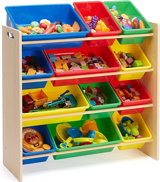 Amazon Basics Kids Toy Storage Organizer With 12 Plastic Bins, Natural Wood, Multicolor, for Bedroom and Playroom, 33.6" W x 10.9" D x 31.1" H