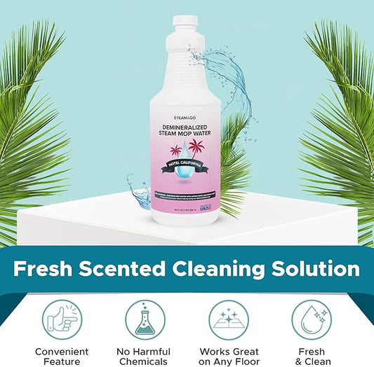 Steam & Go Deminerilized Water - Multi-Surface Cleaner for Steam Cleaners, Hardwood Floors, Kitchens, & Bathrooms - Germ-Killing Formula - Hotel California Scent - 32 Ounces (Pack of 18)