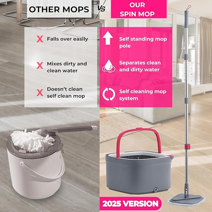 Square Spin Mop & Bucket Smart Floor Mop, Separate Compartments for Clean and Dirty Water, Self Cleaning w/Sweeper Attachment 2025 Upgraded Version w/Side Brush & Self-Standing 360° Rotating Handle