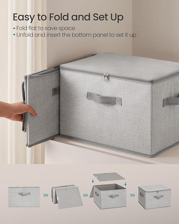 SONGMICS Foldable Storage Organizer Boxes, Set of 3 Storage Basket Bins with Lids, Handles, Clothes Organizer, 15.7 x 11.8 x 9.8 Inches, Non-Woven Fabric, Dove Gray URZB003W01