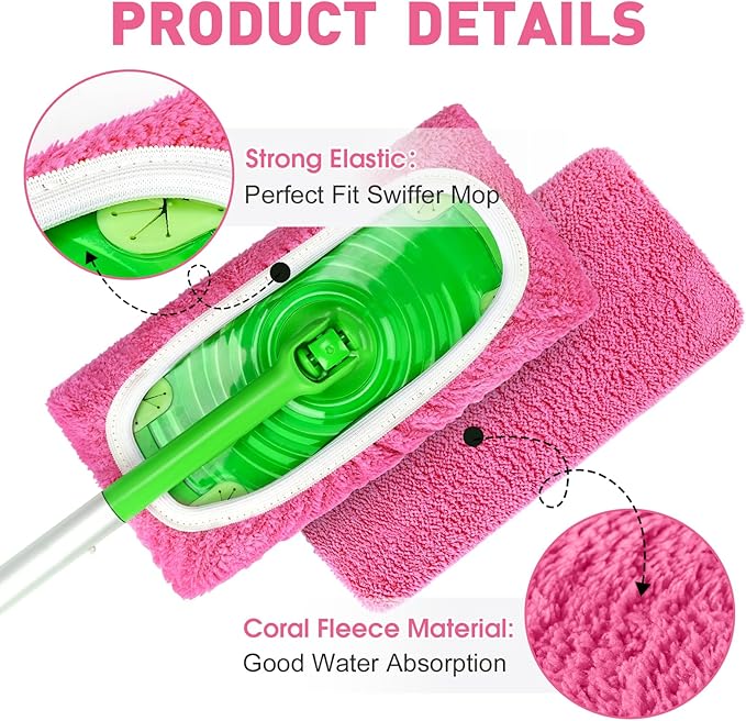 8Pcs Pink Reusable Mop Pads,Microfiber Mop Pads Compatible with Swiffer Sweeper, Dry Sweeping Cloths & Washable Wet Pads Refill for Floor