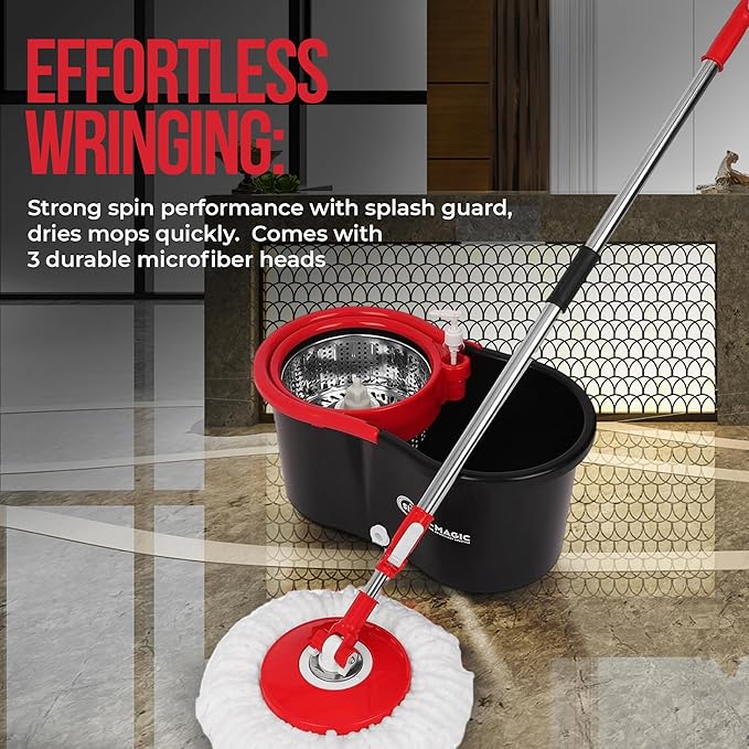 Simpli-Magic 360° Spin Mop and Bucket with Wringer – 3 High-Absorbent Microfiber Washable Heads – Spinning Mop and Bucket Set for All Types Floor Cleaning (Black)