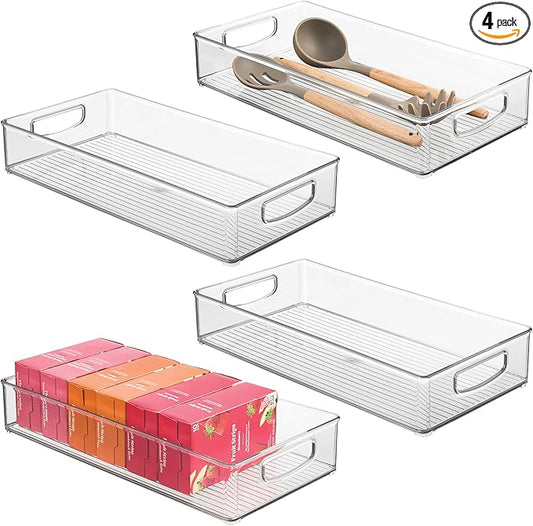 iDesign Stackable Clear Plastic Extra Long Pantry Organizers and Cabinet Storage Bins for Kitchen, 4-Pack