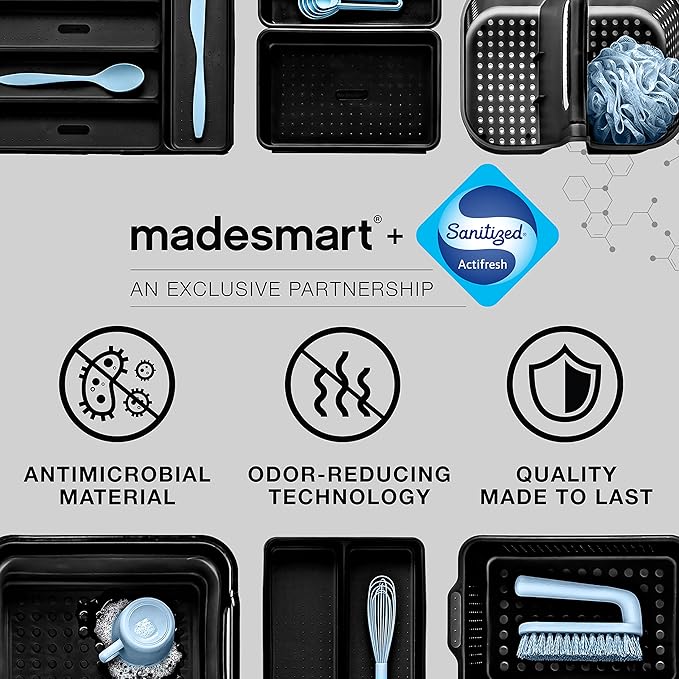 madesmart 8-Piece Interlocking Bin Pack, Customizable Drawer Organizer Set for Office Supplies, Tools, Craft Items, Durable & Easy-Clean Design, Carbon