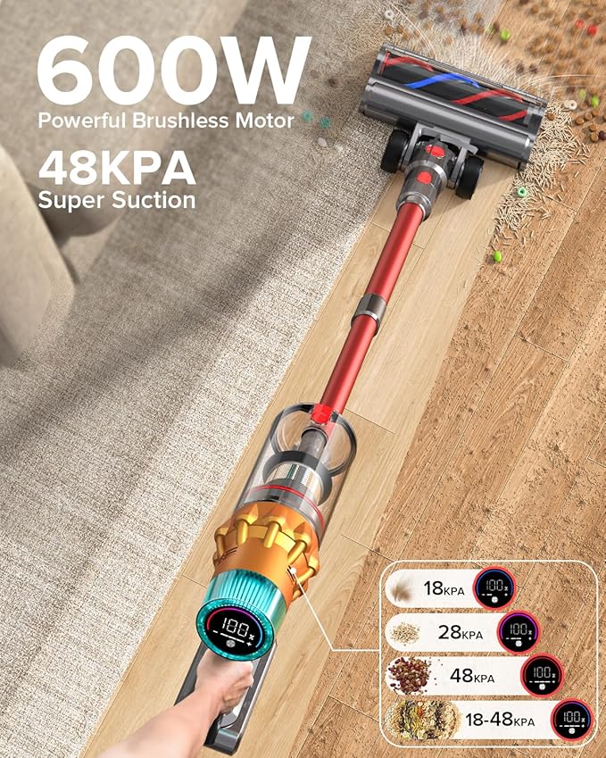 S8 Cordless Vacuum Cleaner, 600W 48Kpa Up to 65mins Stick Vacuum Rechargeable, Wireless Lightweight Handheld Vacuum Cleaners for Home Pet Hair Carpet Hardwood Floor Car