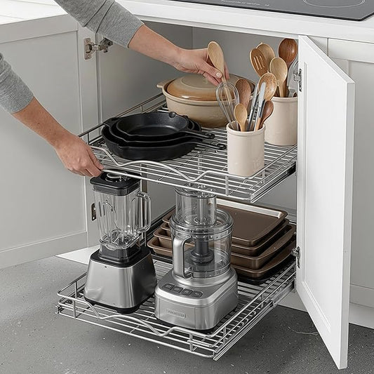 HOLDN’ STORAGE Two Tier Pull Out Cabinet Organizer, Individual Sliding Drawers - Heavy Duty Metal with Lifetime Limited Warranty - Anti Rust Chrome Finish - 11" W x 21”D x 16.5" H