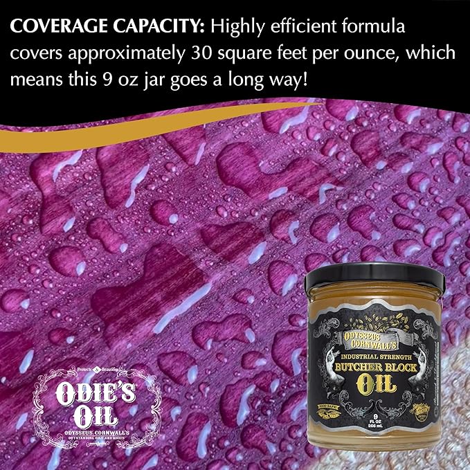 Odysseus Cornwall's Industrial Strength Butcher Block Oil 9 oz, Protect & Beautify Butcher Blocks, Countertops, Cutting Boards & More! Curing Finish. Unparalleled Coverage. All Natural. Food Safe.