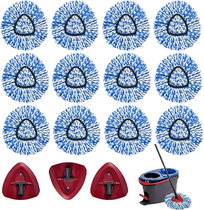 Spin Mop Head Replacement Compatiable with Oceda RinseClean 2-Tank System,12 Microfiber Mop Refills 3 Mop Base kit for Oceda RinseClean,Machine Washable,Easy to Replace Deep Cleaning
