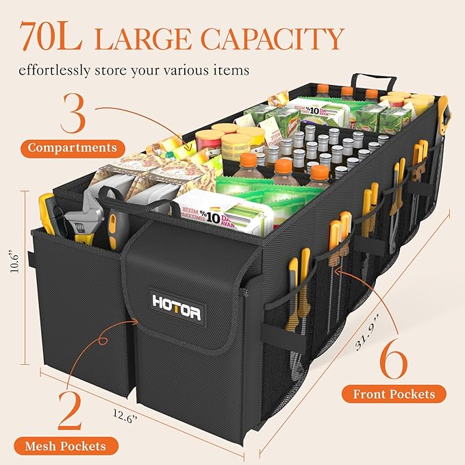 HOTOR Trunk Organizer for Car - Car Organizer, Foldable Trunk organizer for SUVs & Sedans, Sturdy Organization for Car Accessories, Tools, Sundries, Black, 3 Compartments, 31.9"×12.6"×10.6"