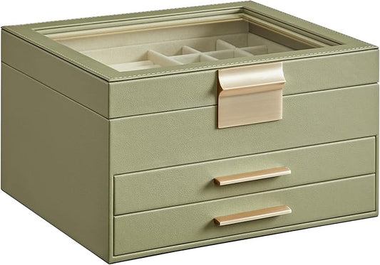 SONGMICS GISELLA Collection - Jewelry Box Organizer, 3-Layer Jewelry Storage with 2 Drawers, Shiny Metal Hardware, Glass Lid, Modern, 8 x 9.1 x 5.3 Inches, Avocado Green and Gold Color UJBC239C02