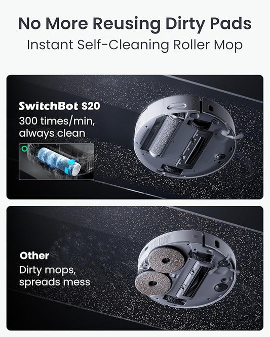 SwitchBot S20 Robot Vacuum and Mop with Matter, 10000Pa Suction, Roller Mop, AI Navigation, Auto Mop Wash & Dry, Self-Emptying, Works with AppleHome, Alexa, GoogleHome, for Pet Hair, Carpet, Floors