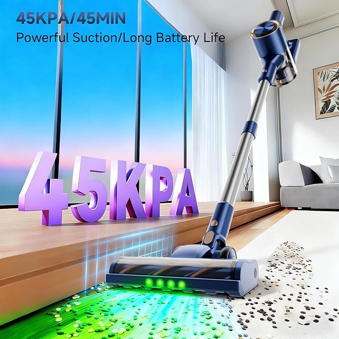Cordless Stick Vacuum Cleaner - 45KPA Powerful Suction Vacuum with 45 Min Runtime, Detachable Battery, Anti-Tangle & 1.5L Dust Cup, 8 in 1 Vacuum Cleaner for Pet Hair, Carpet, HardFloor, Blue