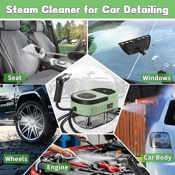Handheld Steam Cleaner for Home, 2500W High Temperature Pressurized Machine, 1.6L Water Tank, Handle-controlled Steam Output, Portable Cleaning Steamer for Car, Bed Bugs, Furniture (Green, 16 PCS)