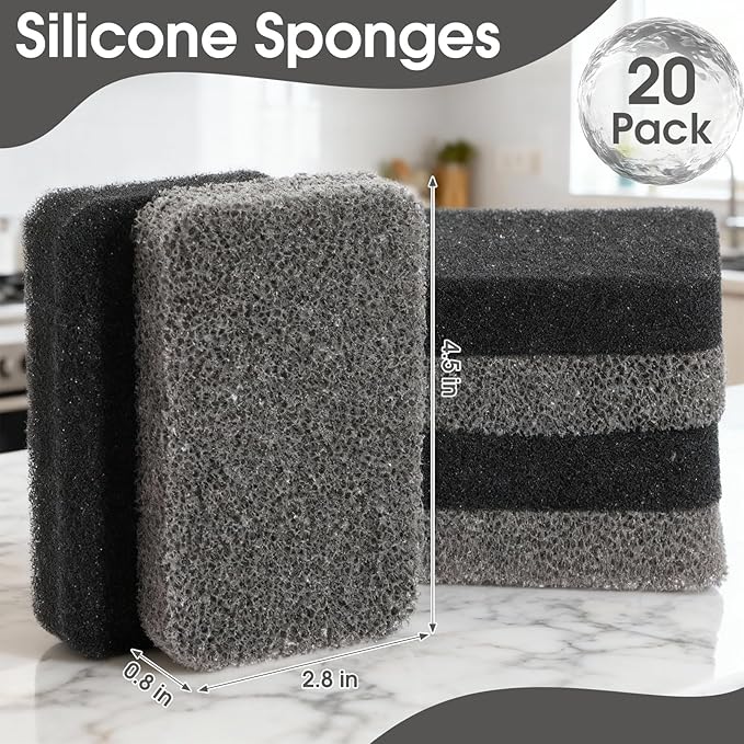 Tioncy 20 Pcs Silicone Scrubbing Sponges Bulk Heavy Duty Silicone Dish Sponges Non-Scratch Kitchen Dish Scrubbers, Odor-Free, Multi-Surface Safe, Cleaning for Dishes, Nonstick Pots, Countertops