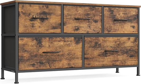 SONGMICS Dresser for Bedroom, Chest of Drawers, Steel, MDF, 5 Non-Woven Fabric Drawers, Storage Organizer Unit, Closet, Entryway, Rustic Brown and Ink Black ULGS322B02S