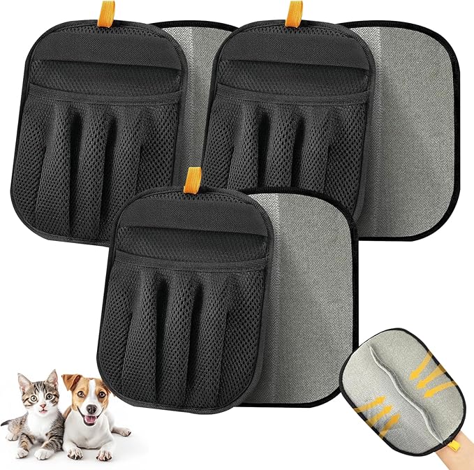 KUNAL 3 Pack Pet Hair Removal Glove,Electrostatic Pet Hair Removal Gloves,Five-Finger Grooming Tool,Reusable Fur Remover Glove for Pet Hair, Clothing, Couch, Furniture, Carpet, Car Seat