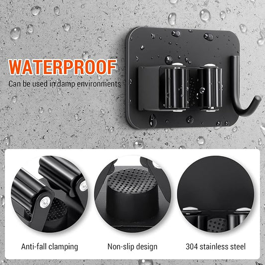 Batur 4 Pack Broom Holder Wall Mount, Super Anti-Slip Mop and Broom Holder Wall Mount, Self Adhesive Broom Organizer Hanger Gripper for Bathroom, Kitchen, Laundry Room Storage, Black