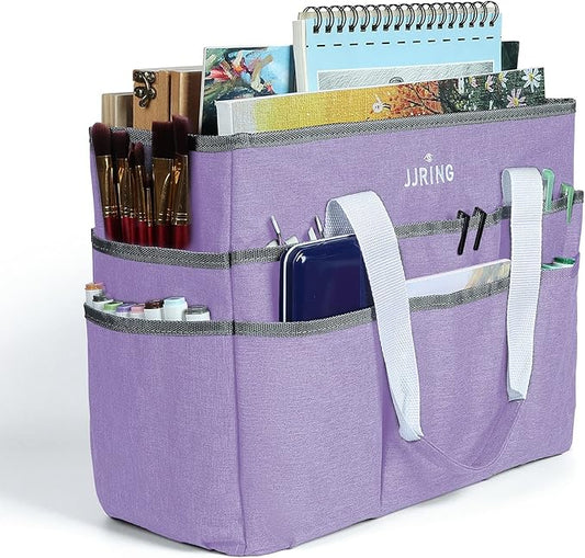 JJRING Craft Organizer Tote Bag, Large Art Storage Caddy with Multiple Pockets, Lilac Sewing Bag for Art, Craft, Scrapbooking, Medical, and Office Supplies Storage