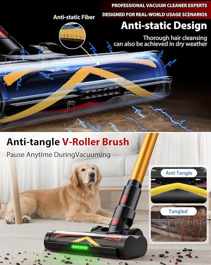 Cordless Vacuum Cleaner, 75Mins/48KPa/600W Self-Standing Stick Vacuum Cleaners for Home, Rechargeable, Lightweight, Anti-Static&Anti-Tangle Brush, for Hard Floor, Carpet, Hardwoods, Pet Hair