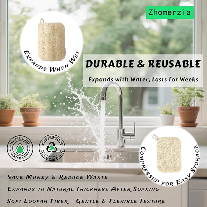 Natural Loofah Dish Sponge - 100% Biodegradable Kitchen Scrubber, Eco-Friendly Loofah Sponges for Dishes, Compostable Plant-Based Cleaning Pads, 15-Pack