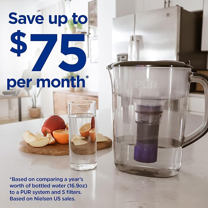 PUR Plus 7-Cup Water Filter Pitcher, Cleaner, Great-Tasting Water, Dishwasher Safe, Powerful, Lead-Reducing Filtration, LockFit Cap Design, Smoke