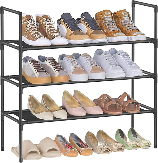 SONGMICS 3-Tier Shoe Rack, Shoe Storage for Hallway Closet, Slim and Space-Saving, Metal Frame, Non-Woven Fabric Shelves, Black ULSH043BH01