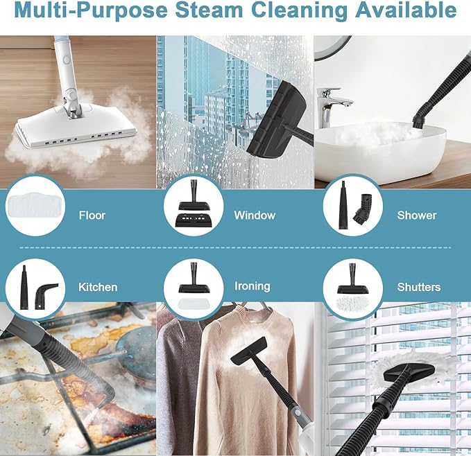 7-in-1 Steam Mop, 1200W Rotated Steam Cleaner for Home, 2 Modes, 400ML Removable Tank, 23FT Power Cord, 2 Pads, Multi-Surface Steamer for Hard Floor, Laminate Floor, Tiles Cleaning（Lake Blue）