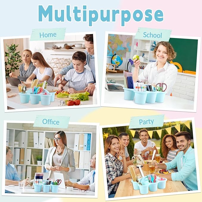 6 Pack Classroom Caddy with Handle Plastic Storage Caddy Organizer with 6 Compartments Drink Cup Caddies Holder Portable Storage Bin for Pencil, Crayon, Marker, Home Office School Supplies(Light Blue)
