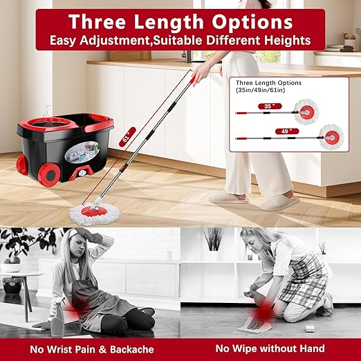FunClean 360° Spin Mop and Bucket Set with Wringer, 4 Extra Microfiber Heads, 61" Extended Handle for Effortless Floor Cleaning, 2X Wheel Design - Black