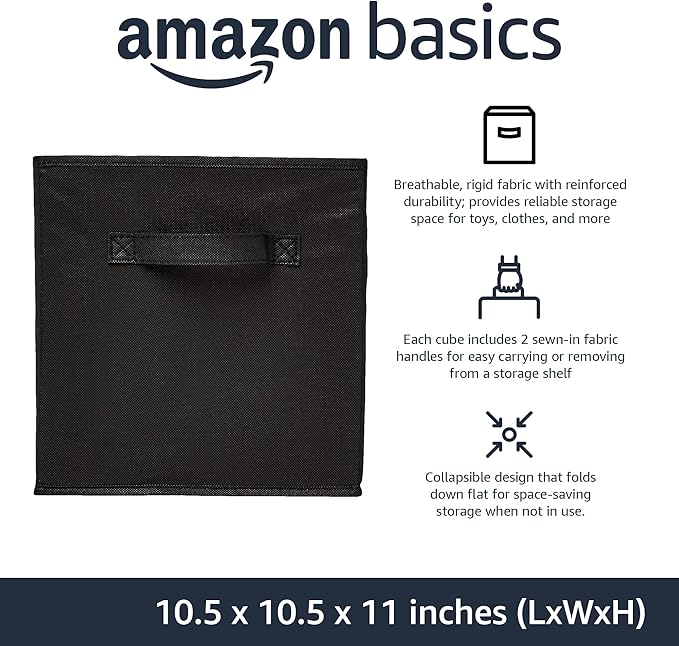 Amazon Basics Collapsible Fabric Storage Cubes Organizer with Handles,Sturdy,Black,10.5-x-10.5-x-11-inch,6 Count (Pack of 5)