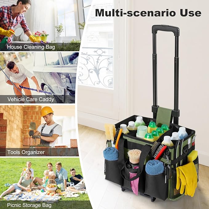 Housolution Rolling Cleaning Caddy Bag with Detachable Trolley, Professional Portable Large Cleaning Bag with Wheels, Wearable Cleaning Supply Bag on Wheels for Housekeepers, Army Green
