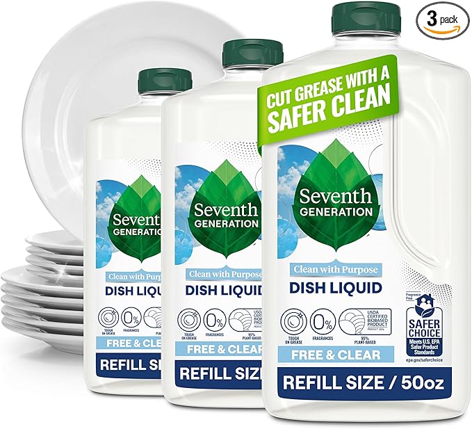 Seventh Generation Dish Liquid Soap Refill Free & Clear Dish Soap for sensitive skin 50 oz, Pack of 3