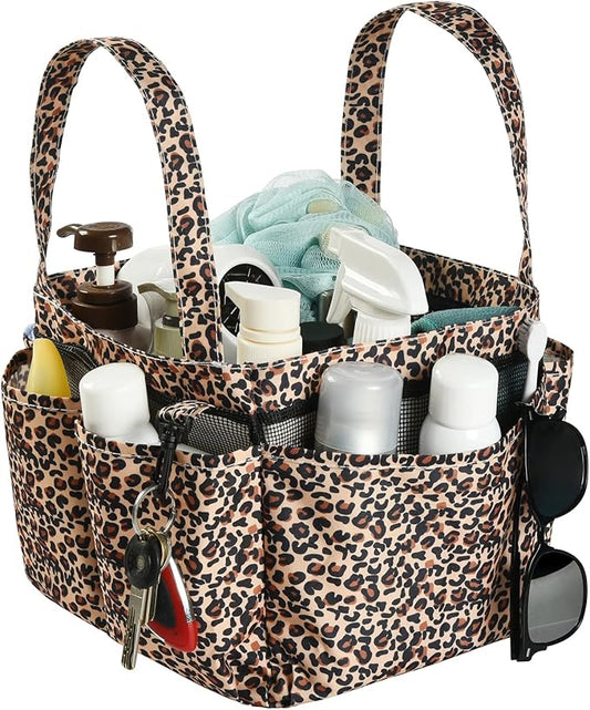 Haundry Mesh Shower Caddy Bag, Portable Basket Organizer with Key Hook for College Dorm Bathroom Camp Gym, Hanging Tote Bag with 8 Pockets, Lepoard