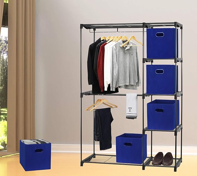 Simple Houseware Foldable Cube Storage Bins with Handles, 11-Inch, Dark Blue, 6-Pack, Fabric Cubes Organizer for Closet or Shelves