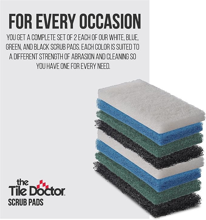 Scrub Doctor 8-Pack of 10 x 4.5 x 1 in. Assorted Large Scrub Pads with Pole Adapter and Handheld Scrub Pad Holder, Set of Light to Strongly Abrasive Scrubbing Pads for Various Purposes