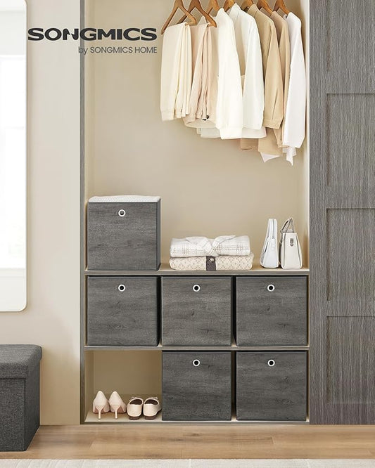SONGMICS Storage Cubes, Set of 6 Storage Bins with Handles, Foldable Oxford Fabric and Non-Woven Fabric Storage Boxes, 13 x 13 x 13 Inches, Fit Cube Storage Unit, Misty Gray URFB133G01
