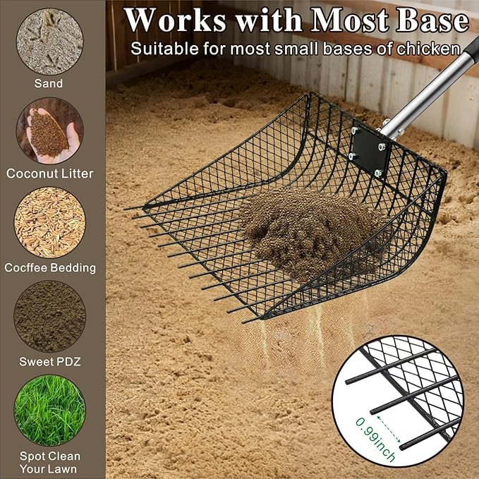 11.61" Chicken Poop Scooper & Rake 2-in-1+ 9.84" Pooper Scoopers, 25" to 67" Large Metal Litter Scoop with Adjustable Stainless Steel Handle for Farm Sifting Coops Cleaning Chicken Litter Pet Waste