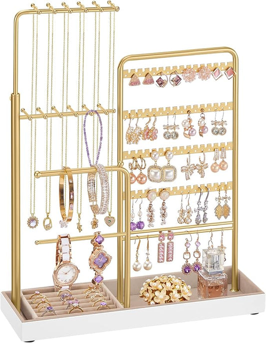 SONGMICS Jewelry Holder, Jewelry Storage Organizer Stand with Metal Frame, Velvet Tray, 12.1 to 18.7 Inches Tall Height Adjustable Necklace Holder, for Rings, Earrings, Pale Gold UJJS026A01