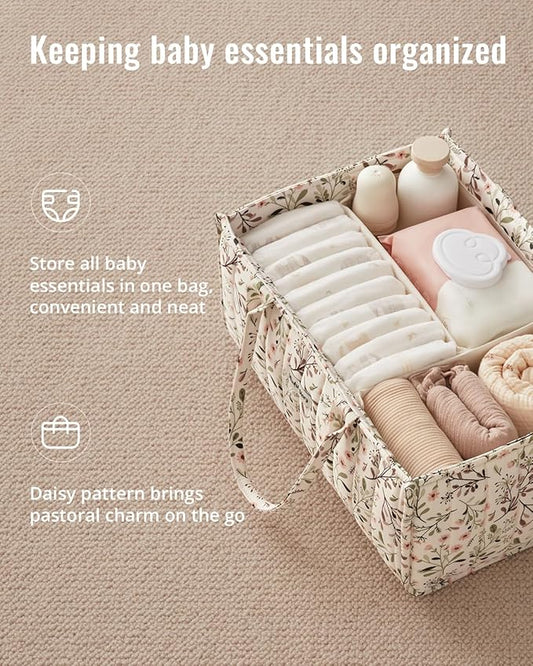 Blissful Diary Floral Diaper Caddy Organizer, Stylish Nursery Storage Basket, Diaper Bag,Gift for Baby Shower, Baby Registry Must Have, Newborn Essentials, Pastoral Daisy