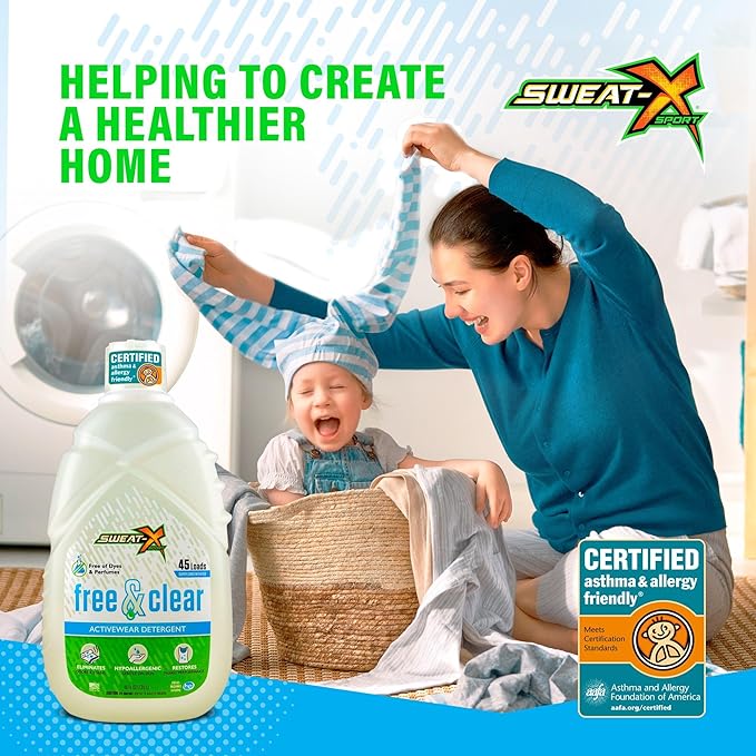 Sweat X Free & Clear Activewear Laundry Detergent – Certified Asthma & Allergy Friendly® – Hypoallergenic – Remove the Worst Odors & Toughest Stains – High-Performance Sports Wash – 45 Loads – 1 Pack