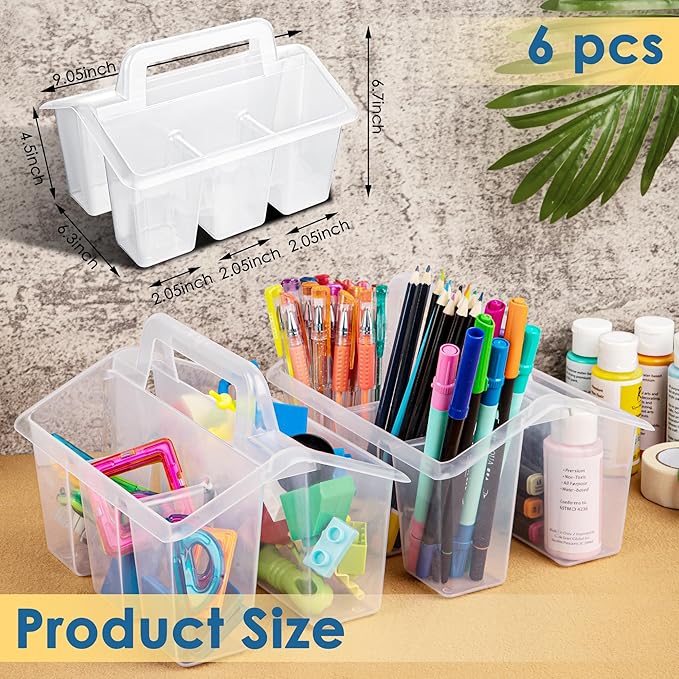 Plastic Caddy With Handle,Protable Classroom Craft Caddy, 6-pack Storage Caddy For Pencil,Pen,Craft Tools (Clear)