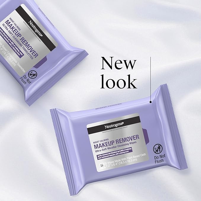 Neutrogena Night Calming Makeup Remover Face Wipes, Nighttime Cleansing Towelettes Remove Sweat, Dirt & Makeup & Calms Skin, Hypoallergenic, 100% Plant Based Cloth, Twin Pack, 2 x 25 ct