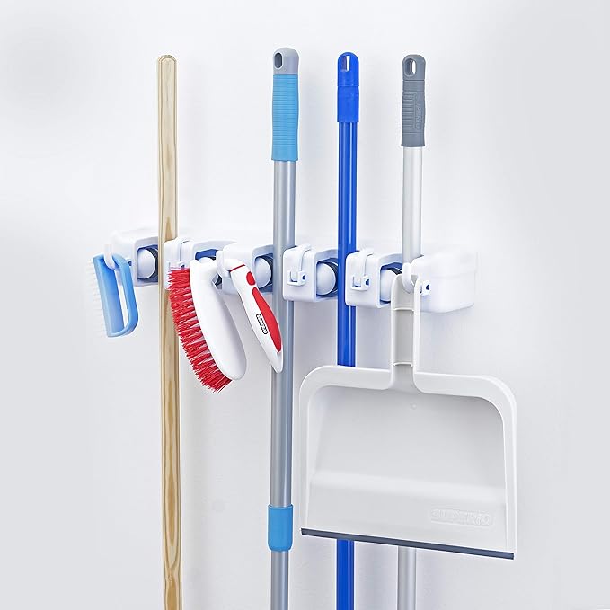 Superio Mop and Broom Holder Wall Mount White (2 Pack) Cleaning Tools Wall Organizer, 5 Rack Slots and 6 Hooks for Kitchen Closet Garage Garden and Office.