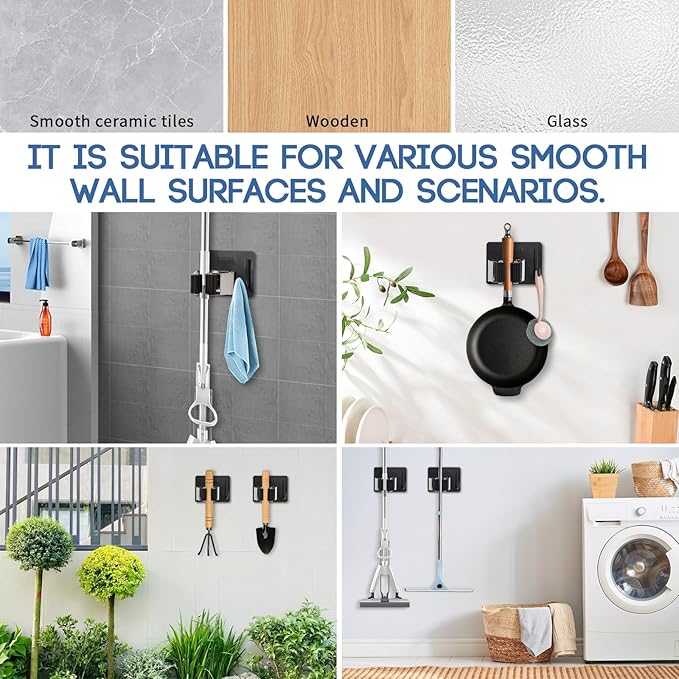 Mop Broom Holder Wall Mount, Stainless Steel, Rust Resistant, Heavy Duty, No Drill,Self-adhesive Broom Holder Wall Mount with Hooks 4Pcs for Bathroom, Kitchen, Garage, Black