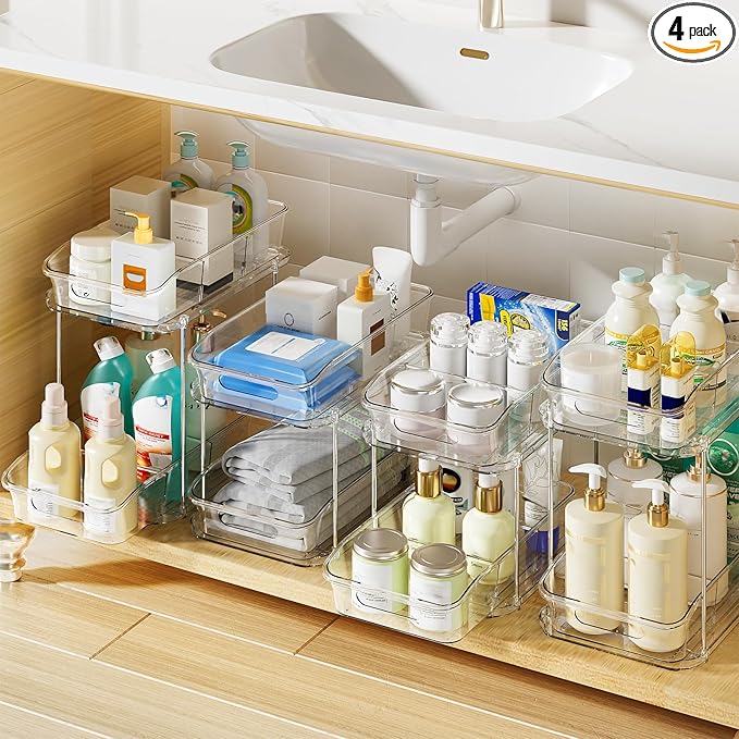 Delamu 2-Tier Under Sink Organizers and Storage, Multi-Purpose Stackable Bathroom Cabinet Organizers, Pull Out Kitchen Pantry Organization and Storage with Dividers(4 Pack, Clear)