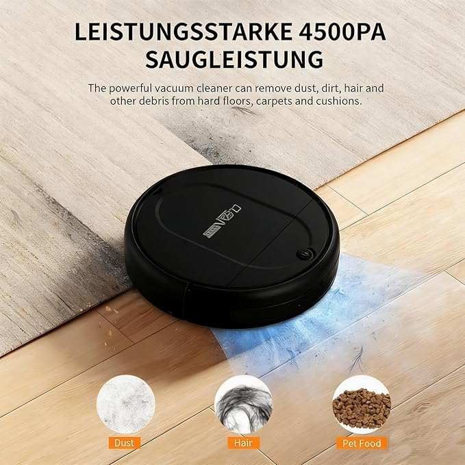 3-in-1 Robot Vacuum & Mop for Pet Hair | Powerful 4500Pa Suction, Tangle-Free, 120 Min Runtime, Ultra-Thin & Quiet, Smart Mapping, Ideal for Hard Floors & Large Homes (Black)