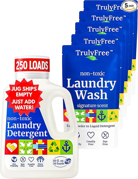 Truly Free Natural Laundry Detergent for Sensitive Skin | Eco Friendly, Plant Based, Baby Clothes Safe | Clean & Easy Powder to Liquid, 5 Pack Detergent + 1 Refillable Jug | Signature Scent 250 Loads