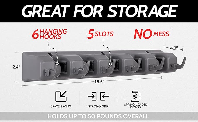 Zulay Home Mop and Broom Organizer Wall Mount - Easy To Install Mop and Broom Holder Wall Mount For Storing Cleaning Supplies - Organizer Utility Racks Mop Holder and Broom Hanger (5 Slots, Gray)